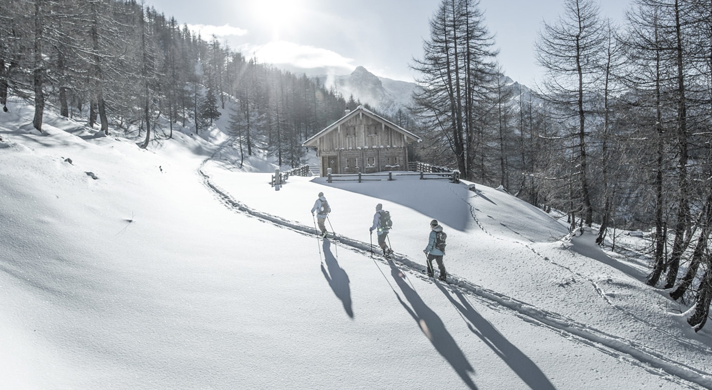 Drei Wanderer wandern unter einem strahlend sonnigen Himmel durch eine unberührte Schneelandschaft zu einer gemütlichen Berghütte.